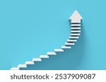 Business, career or personal growth concept. White stairs leading upwards to an arrow on a blue background representing the concept of personal and professional growth. 3d render.