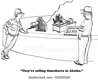 Business Cartoon About Bears Selling Timeshares. 