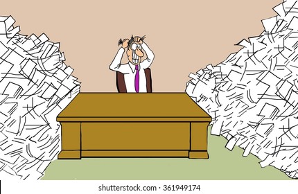 Business Cartoon About Being Overworked.  Businessman Is Pulling His Hair Out Because He Is So Backed Up With Paperwork. 