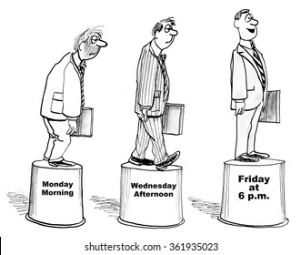 Business Cartoon About Corporate Culture.  On Work Weeks Monday's Were Pretty Bad For The Businessman, But He Felt Great By 6PM On Friday. 