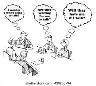 Business Cartoon About Hesitancy To Speak In A Meeting.