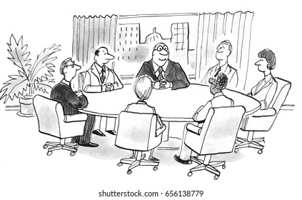 Business cartoon illustration showing business people sitting in a meeting.