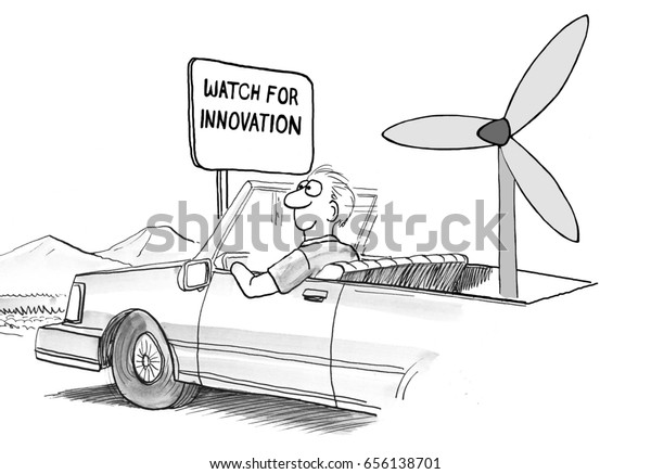 Business cartoon\
illustration showing a wind powered autonomous car and a sign\
\'watch for\
innovation\'.