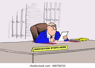Business cartoon showing a businessman sitting at his desk and his nameplate says, 'Innovation Stops Here'.