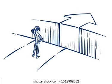 Business challenge concept. Businessman overcomes obstacle chasm on way to success. Hand drawn illustration