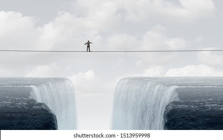 Business challenge and financial risk or balancing act concept or brave businessman courage to take chances as a person walking on a highwire or high tightrope crossing in a 3D illustration style.