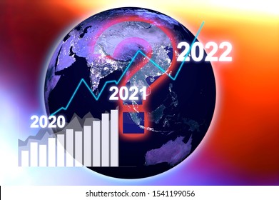 Business Chart And Globe On Blurry Backdrop. Global Business Concept, Economic Growth In 2020, 2021, 2022, Global Economy Risks. Double Exposure. Map With Night Illumination From NASA.