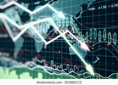 Business chart with glowing arrows and world map