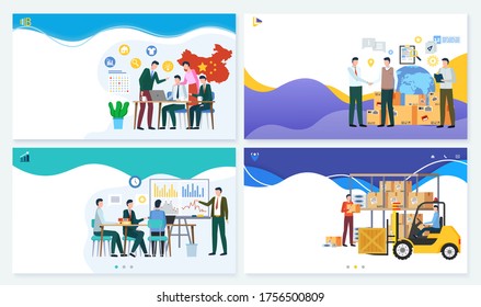 Business with China raster, team search for niche and supplier, price negotiation and delivery of goods into warehouse, people planning project strategy, forward delivery, new strategy on marketplace