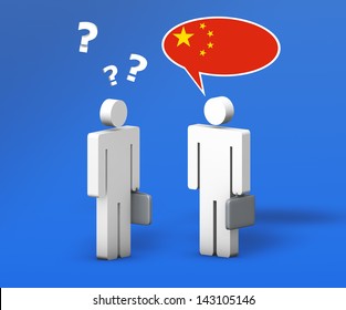 Business Chinese mandarin concept with a funny conversation between two 3d people on blue background. The man with the flag of China on the speech cloud speaks a correct language, the other one no.