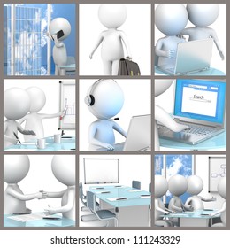 Business Collage. Collage of business people at the office. 3d little human characters.