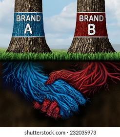 Business Collusion Concept As Two Trees Representing Companies With Different Market Brands Coming Together Secretively In A Handshake As Underground Roots As A Metaphor For Market Deception.