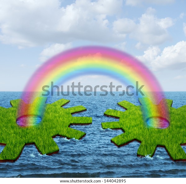 Business communication success concept with two\
islands shaped as a gear or cog wheel divided by ocean connected by\
a rainbow as a recovery icon creating a partner network for\
financial\
growth.
