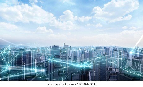 Business and communnication network on city background. Localization icons in a connected futuristic city. internet of things. Data communication, technology concept, artificial intelligence, digital  - Shutterstock ID 1803944041