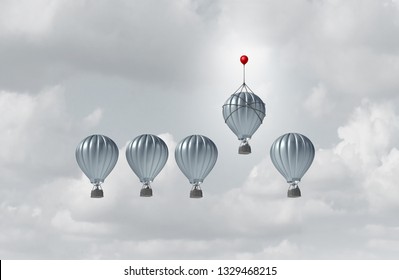 Business competitive advantage success and corporate edge concept as a group of hot air balloons racing to the top but an individual leader winning the competition as a 3D illustration.