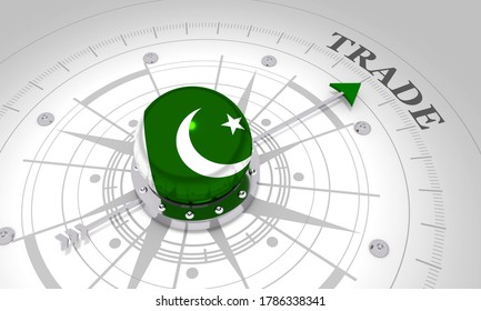 Business Concept. Abstract Compass Points To The Trade Word. Flag Of The Pakistan. 3D Rendering