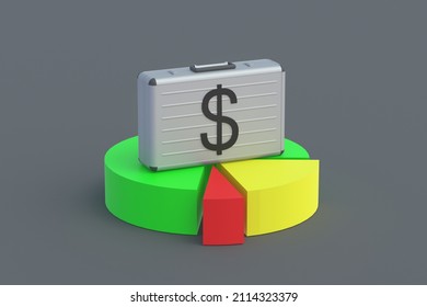 Business concept. Financial report. Distribution of aid. Sales statistics. Budget planning. Economic indicators. Attraction of investments. Economic forecast. Suitcase near pie graph. 3d render