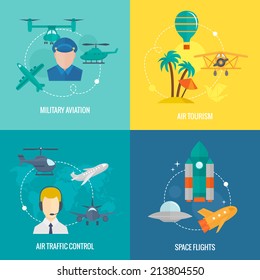 Business Concept Flat Icons Set Of Aircraft Military Aviation Air Tourism Traffic Control And Space Flights Infographic Design Elements  Illustration