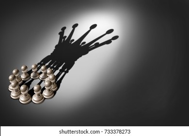 Business Concept Leadership Team And Group Concept As An Organized Company Of Chess Pawn Pieces Joining Forces And Working Together United As One  With A Shadow Shaped As A King Crown 3D Render. 