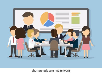 Business conference concept with people communicating and discussing. Big interactive board with video consulting and analytics. - Powered by Shutterstock