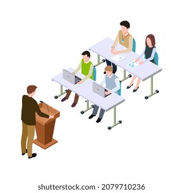 Business conference. Isometric students or visitors, man speaker on tribune. 3d advertising or marketing trainig, university lecture illustration - Powered by Shutterstock