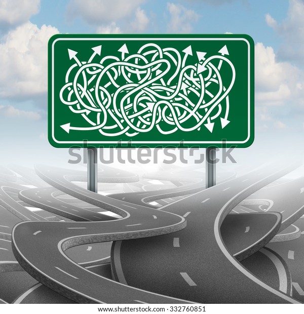 Business confused choice concept and bureaucracy\
symbol as a group of roads tangled with a green highway sign with\
mixed direction\
arrows.