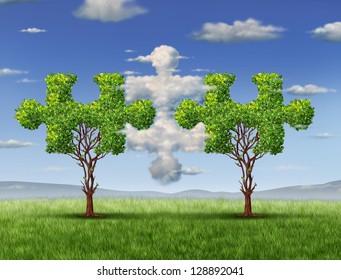 Business Connections With The Cloud As A Network Technology And Business Concept As  In The Shape Of A Puzzle Pieces And Trees Shaped As Jigsaw Game Objects Coming Together As A Group Partnership.