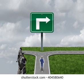 Business consulting concept as a businessman at a crossroad with one half leading to a dangerous cliff and a sign pointing towards a path to success as a metaphor for advising as a 3D illustration.