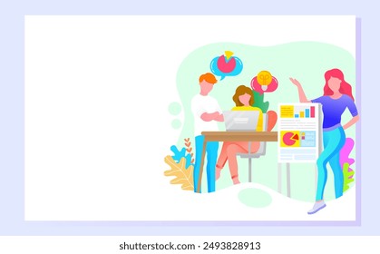 Business consulting webpage with teamwork brainstorming and communicating with laptop. Workers characters using computer and discussing graph report raster. Website or webpage template flat style - Powered by Shutterstock