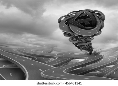 Business crisis risk and stress as a destructive tornado or cyclone storm shaped with roads destroying opportunity and growing financial fear as a 3D illustration. 