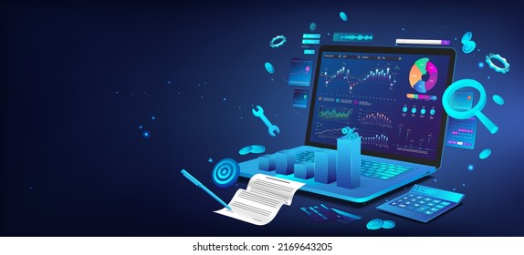 Business dashboard finance management on 3D laptop with aspects business analysis and analytics online through the app. Investment, trade and finance management with infographics. Blue banner - Powered by Shutterstock