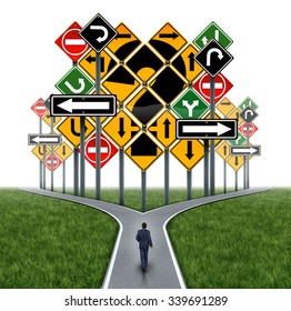 Business decision challenge concept as a businessman on a crossroad path facing an impass or dilemma with traffic signs as a question mark in a metaphor for consultation and corporate guidance.