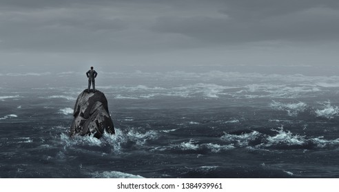Business despair concept as a stranded businessman lost standing on an isolated rock as a corporate idea for financial crisis or being lost and career or financial help in a 3D illustration style.