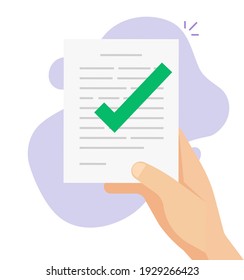 Business document approved quality control or verified inspected paper application form with check mark in person man hand flat illustration, completed of confirmed legal doc design image