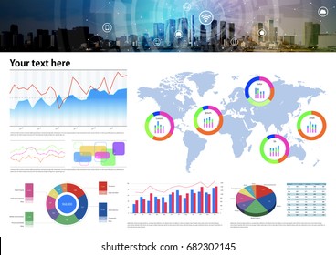 business document template. header graphic of cityscape and various dummy graphs.
