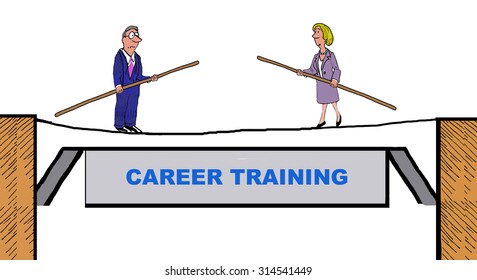 Business or education image showing two people learning how to walk on a tightrope and the words, 'Career Training'. - Powered by Shutterstock