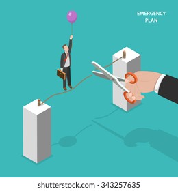 Business Emergency Plan Isometric Flat Concept. Walking By A Rope Man Saves Himself Of Dropping Down By Using A Balloon. Alternative Plan, Plan B.