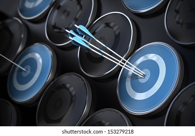 Business excellence, corporate performance management, and achieving goals concept consisting of many targets and three arrows hitting the center of the objective. Depth of field effect.