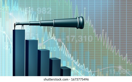 Business failure outlook and search or economic strategy and stock market crash or economy forecast as a financial advisor or consultant searching for investing direction with 3D illustration elements