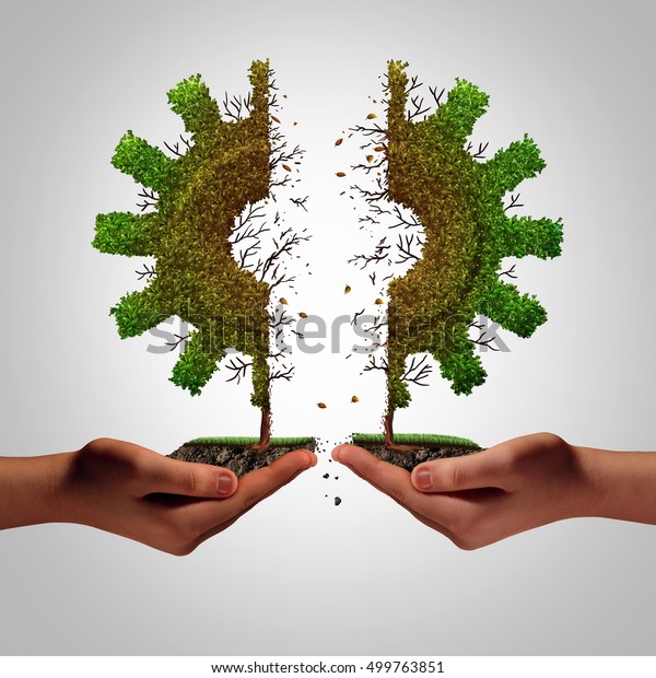 Business failure and partnership separation as\
hands tearing apart a tree shaped as an industry gear symbol as a\
corporate metaphor for economic protectionism with 3D illustration\
elements.