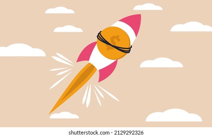 Business Fast Cost And Rocket Boost Launch With Coin. Market Strategy Innovation And Blast Price Illustration Concept. Money Earnings And Growing Wealth. Investment Higher Success And Salary