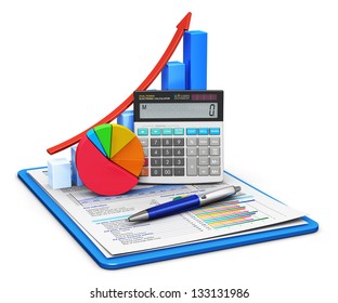 Business Finance, Tax, Accounting, Statistics And Analytic Research Concept: Office Calculator, Bar Graph And Pie Diagram And Pen On Financial Reports In Clipboard Isolated On White Background