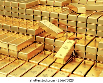 Business, Financial, Bank Gold Reserves Concept. Stack Of Golden Bars In The Bank Vault Abstract Background