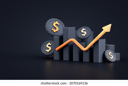 Business Financial Money Growing Chart On Dark Background For Cover, Web Template, Banner Poster 3d Render Concept