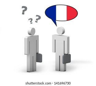 Business French concept with a funny conversation between two 3d people on white background. The man with the France flag speaks a correct language, the other one no.
