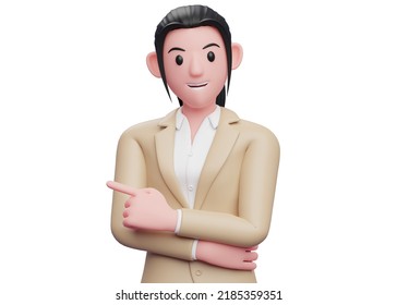 Business Girl In Brown Suit Pointing To The Left And Hand Crossed On Chest, 3D Render Business Woman Pointing Illustration