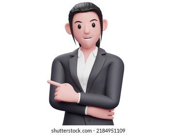 Business Girl In Formal Suit Pointing To The Left And Hand Crossed On Chest, 3D Render Business Woman Pointing Illustration