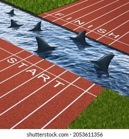 Business goal danger as an obstacle or barrier with a track divided by water infested with sharks as a metaphor for conquering adversity and strategy planning problems with 3D illustration elements.