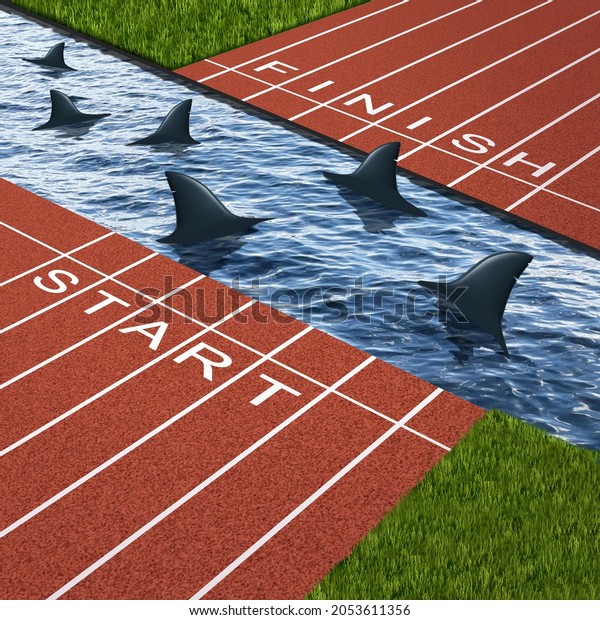 Business goal danger as an obstacle or barrier\
with a track divided by water infested with sharks as a metaphor\
for conquering adversity and strategy planning problems with 3D\
illustration\
elements.