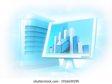 Business Graph Background. Computer With Business Graph Chart. 3d Illustration	